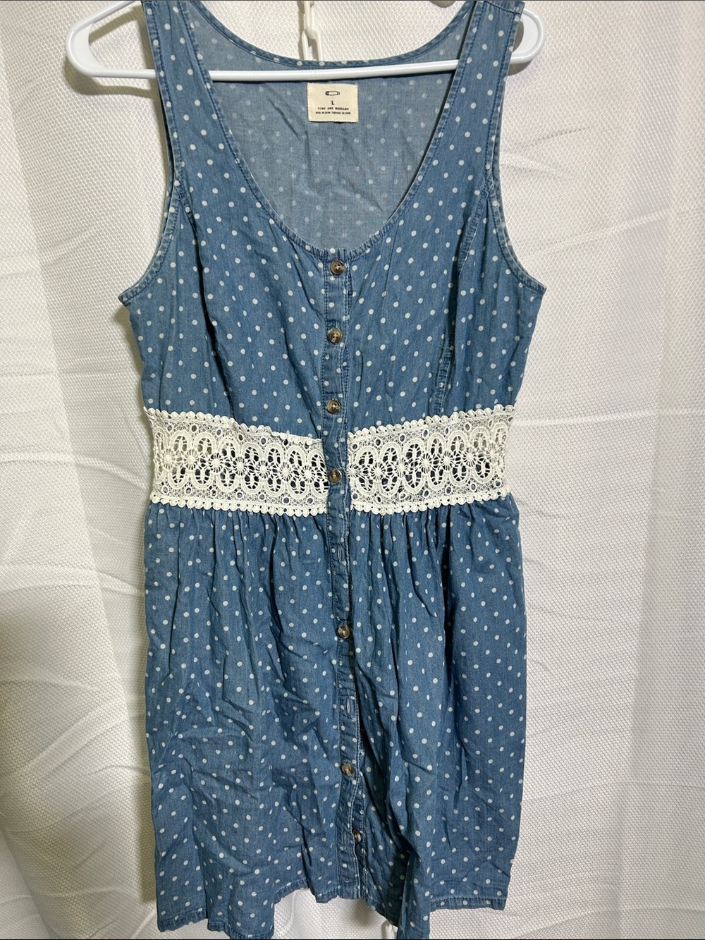 Pines and Needles - Blue Polka Dot Sleeveless Dress with Lace Waist size large